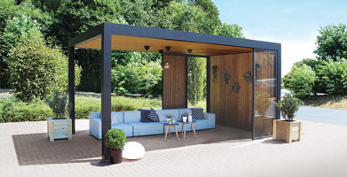 Espace lounge à installer en terrasse en bois et alu de chez Exterior Living, en vente à Namur
